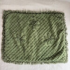 Vintage Chenille Green Standard Pillow Sham Fringe Boho Retro Grannycore Cottage